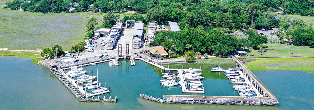 Aerial view of boat docks and boat