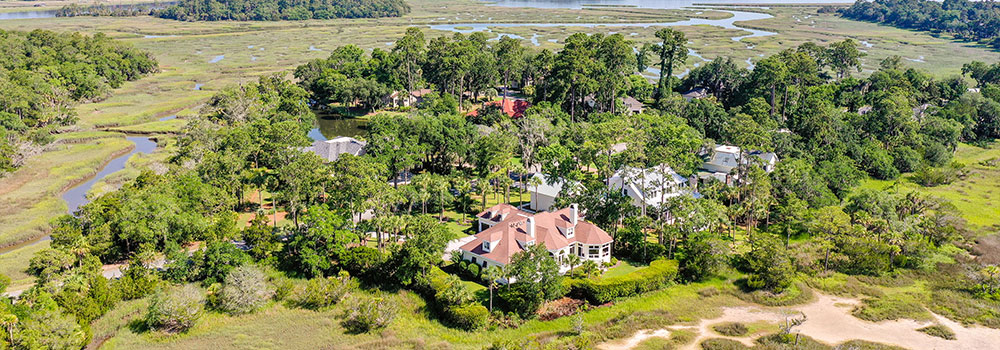 aerial view of house with trees